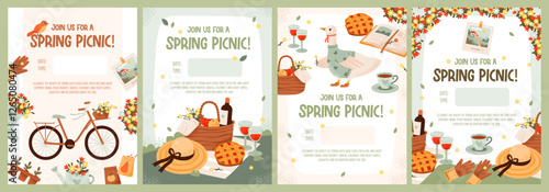Spring picnic party invitation template set. Picnic baskets filled with goodies against a vibrant spring backdrop. Flat vector illustration.