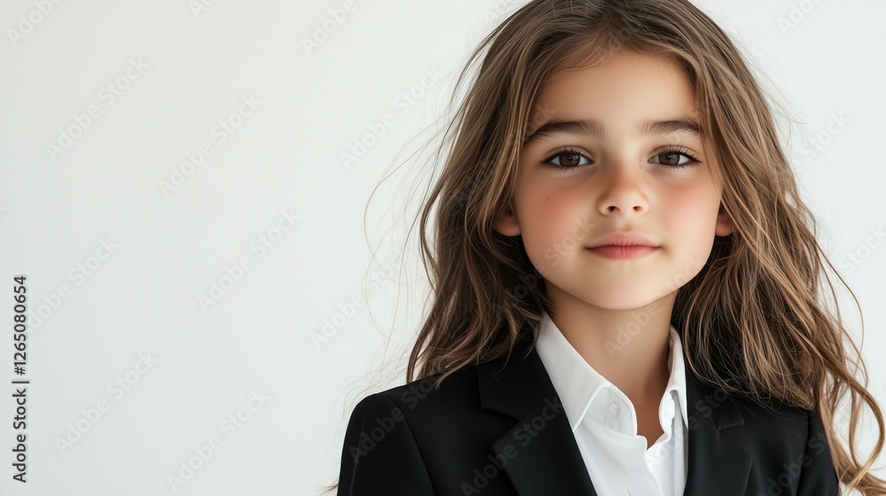 beautiful portrait of female kid model, wearing a black suit and white shirt, with soft lighting on the face and a clean, solid white isolated background beautiful portrait of female kid model, wearing a black suit and white shirt, with soft lighting on the face and a clean, solid white isolated background