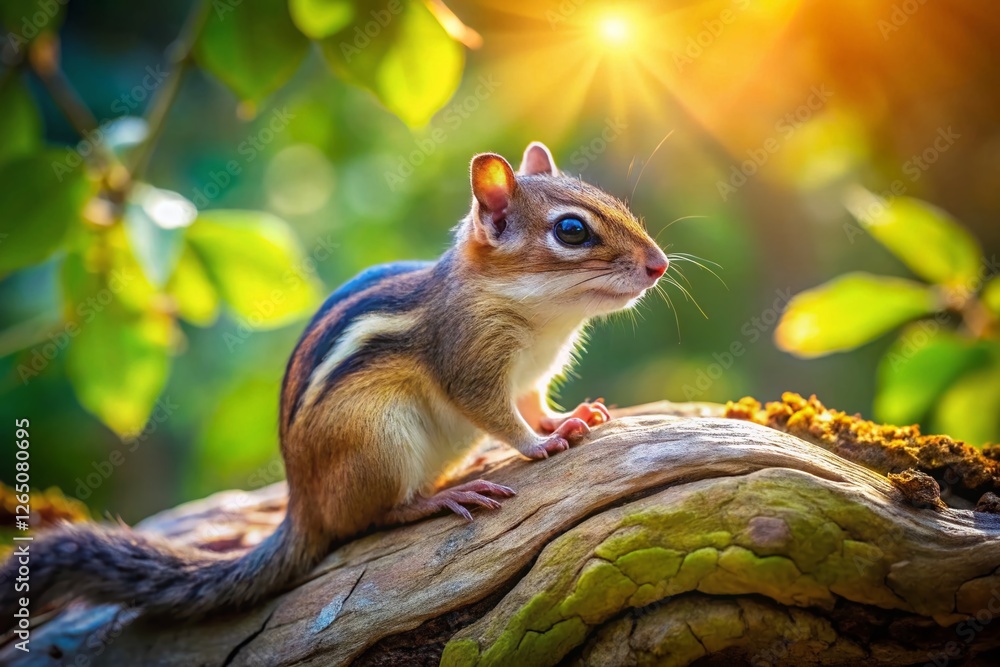 Panoramic View: Adorable Chipmunk on Weathered Tree Branch Panoramic View: Adorable Chipmunk on Weathered Tree Branch