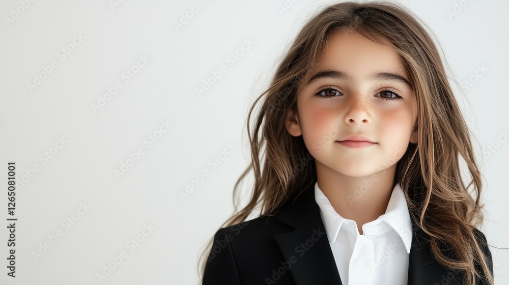beautiful portrait of female kid model, wearing a black suit and white shirt, with soft lighting on the face and a clean, solid white isolated background beautiful portrait of female kid model, wearing a black suit and white shirt, with soft lighting on the face and a clean, solid white isolated background