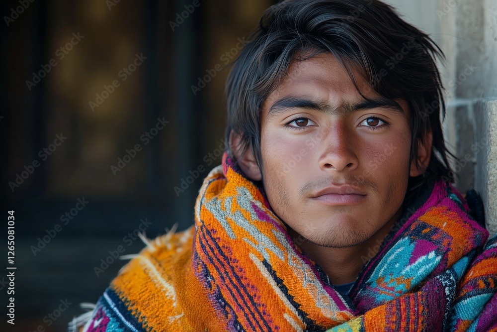 Young individual wearing a colorful woven shawl poses thoughtfully against a rustic background in a warm light Young individual wearing a colorful woven shawl poses thoughtfully against a rustic background in a warm light