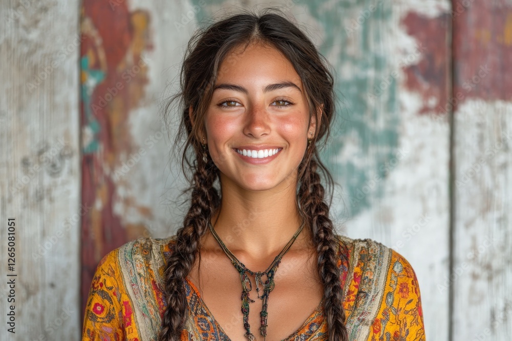 Young woman with braids smiling in vibrant dress against weathered background Young woman with braids smiling in vibrant dress against weathered background