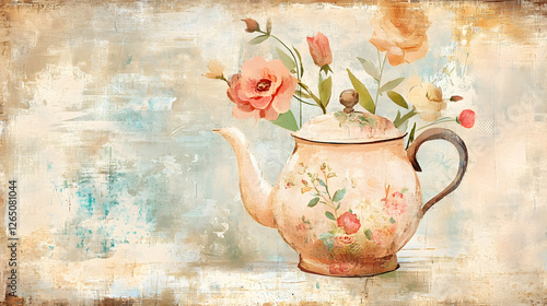 Vintage teapot with flowers on grunge textured background