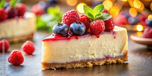 Macro lens captures cheesecake's luscious texture, vibrant berries adding a gourmet touch. photo