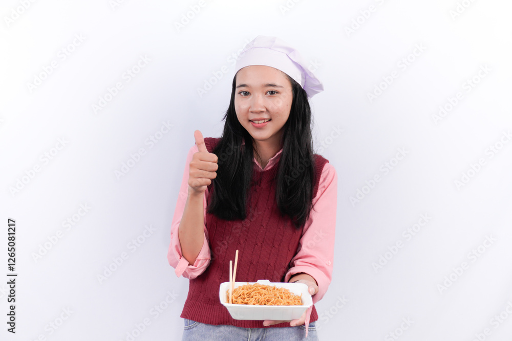 Asian woman wearing red sweater and hat holding noodles in delicious container Asian woman wearing red sweater and hat holding noodles in delicious container