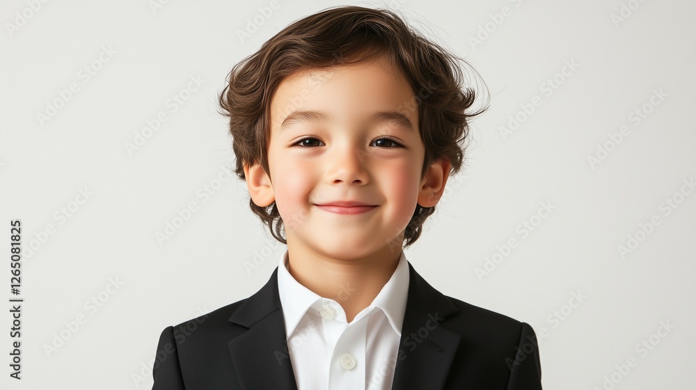 handsome portrait of male kid model, wearing a black suit and white shirt, with soft lighting on the face and a clean, solid white isolated background handsome portrait of male kid model, wearing a black suit and white shirt, with soft lighting on the face and a clean, solid white isolated background