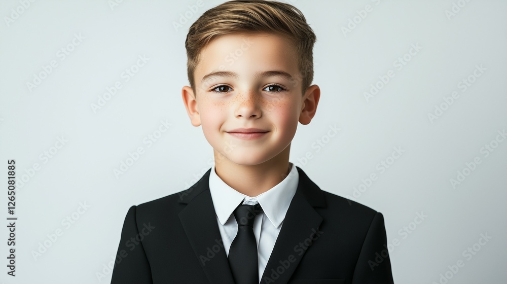 handsome portrait of male kid model, wearing a black suit and white shirt, with soft lighting on the face and a clean, solid white isolated background handsome portrait of male kid model, wearing a black suit and white shirt, with soft lighting on the face and a clean, solid white isolated background