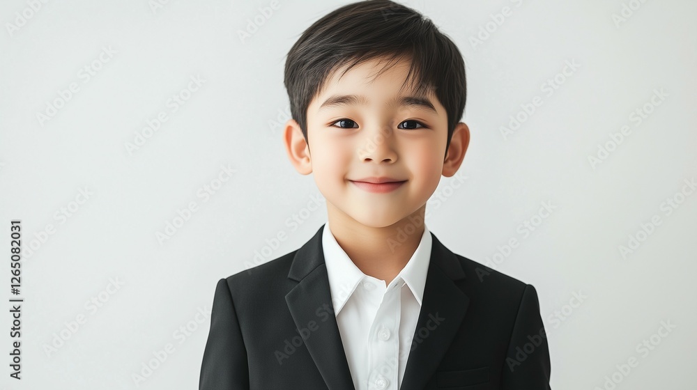 handsome portrait of male kid model, wearing a black suit and white shirt, with soft lighting on the face and a clean, solid white isolated background handsome portrait of male kid model, wearing a black suit and white shirt, with soft lighting on the face and a clean, solid white isolated background