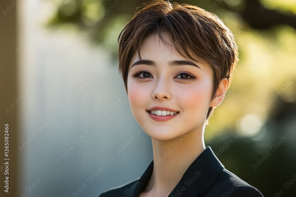Smiling young woman with short hair poses confidently outdoors during daytime Smiling young woman with short hair poses confidently outdoors during daytime