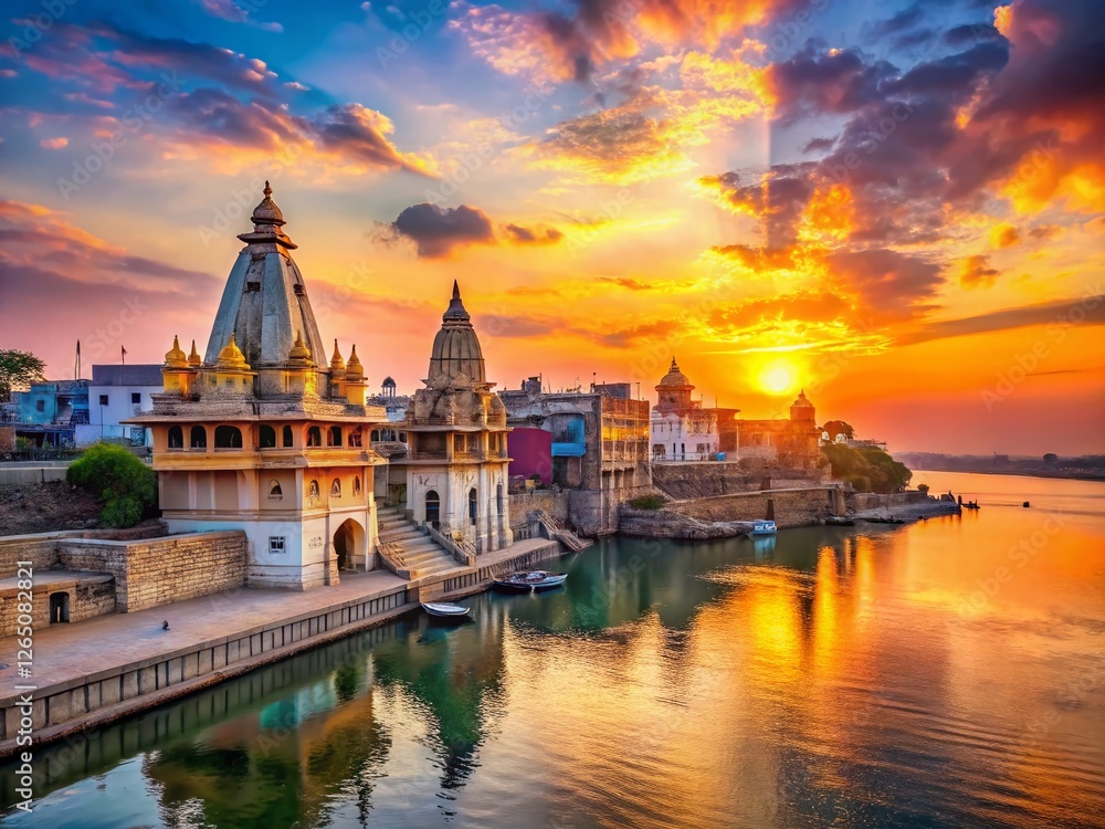 Naklejka premium Panoramic View of Gomti Ghat & Dwarkadhish Temple, Dwarka, Gujarat, India - Sunrise Landscape