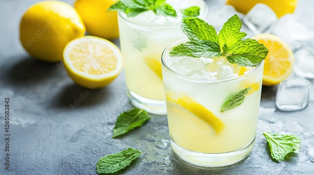 Fototapeta premium Two Glasses of Lemonade Garnished with Fresh Mint Leaves. Lemons Scattered in the Background, on a Grey Tabletop. Ice Cubes in Glasses. Focus on Pale Yellow Colour, Leaf and Liquid Texture. Soft Light