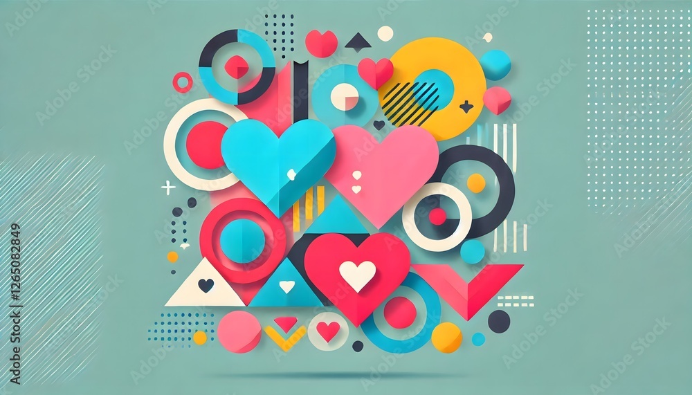 Geometric love shapes with overlapping hearts, circles, and triangles in bold, bright colors like turquoise, pink, and yellow, arranged in a minimal, flat design on a solid background Geometric love shapes with overlapping hearts, circles, and triangles in bold, bright colors like turquoise, pink, and yellow, arranged in a minimal, flat design on a solid background