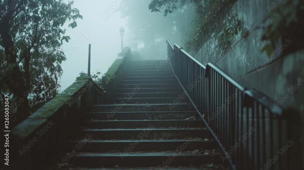Obraz premium Mist-engulfed stone steps lead upwards, surrounded by dense foliage, exuding mystery and solitude.