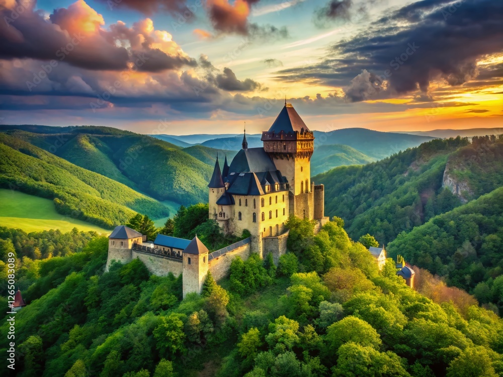 Panoramic View of Karlstejn Castle, Czech Republic - Majestic Medieval Fortress on Hilltop Panoramic View of Karlstejn Castle, Czech Republic - Majestic Medieval Fortress on Hilltop