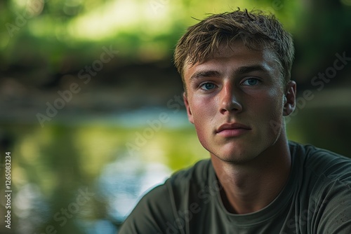 Young man with short hair sitting by a tranquil river in the woods during late afternoon light