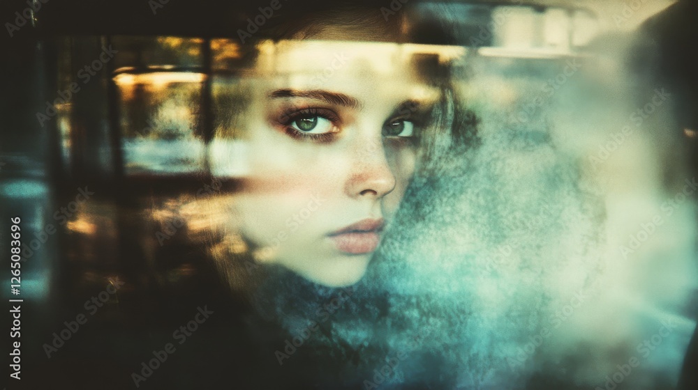 A haunting, reflective portrait with an overlay of textures, the gaze intense and mysterious, merging reality and dreamlike abstraction. A haunting, reflective portrait with an overlay of textures, the gaze intense and mysterious, merging reality and dreamlike abstraction.