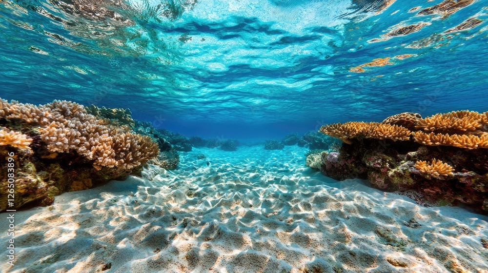 Obraz premium Underwater coral reef, sandy bottom, sunlight penetration, nature's beauty