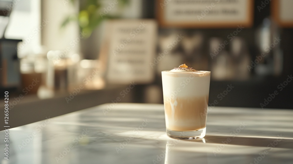 A minimal but elegant café aesthetic shot, featuring an iced lavender honey latte on a marble countertop, with a handwritten menu in the background A minimal but elegant café aesthetic shot, featuring an iced lavender honey latte on a marble countertop, with a handwritten menu in the background