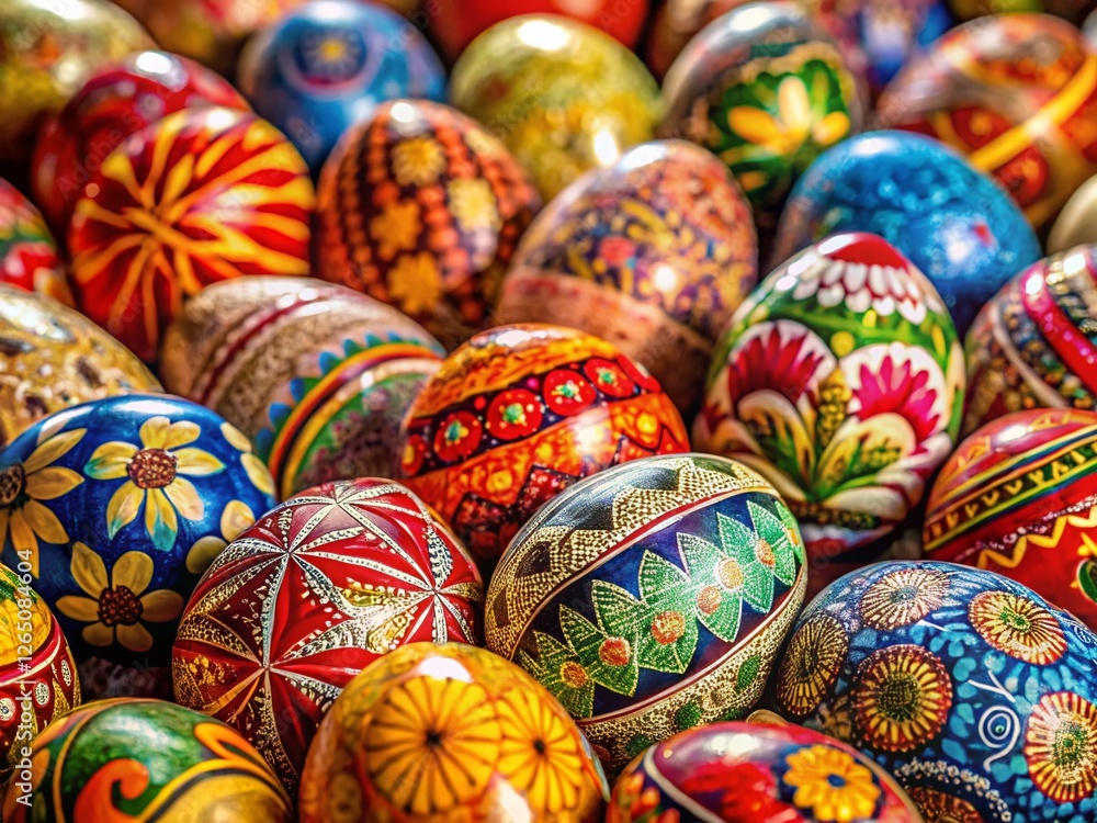 Panoramic View of Vibrantly Decorated Russian Easter Eggs Panoramic View of Vibrantly Decorated Russian Easter Eggs