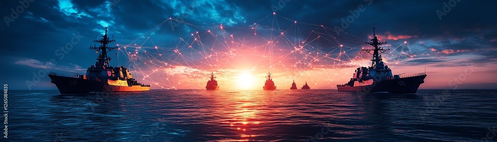 Obraz premium Futuristic naval operations with digital network data flowing over the ocean, warships in silhouette on the horizon, cuttingedge military technology