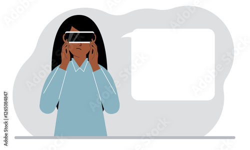 The concept of augmented or extended reality. Woman wearing 3D glasses or virtual reality headset. On the background of the world map.