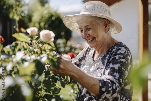 Fototapeta Naklejka Na Ścianę i Meble -  Joyful senior woman gardening: smiling elderly lady in sunhat pruning roses in her garden