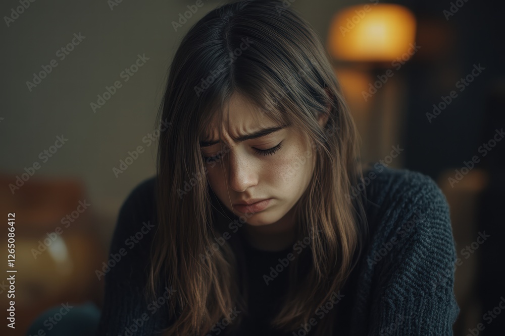 Young woman experiences deep sadness while sitting alone in a dimly lit room Young woman experiences deep sadness while sitting alone in a dimly lit room