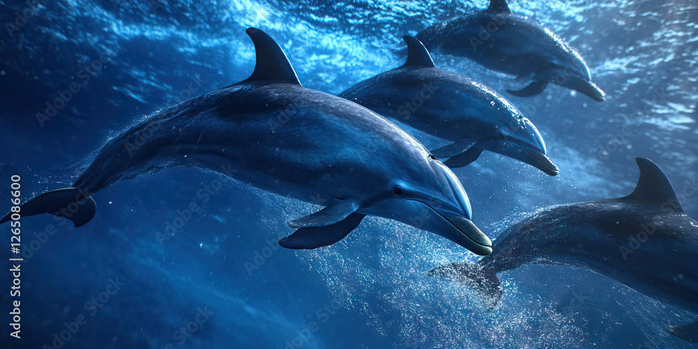 Fototapeta premium Four Dolphins Swimming Underwater