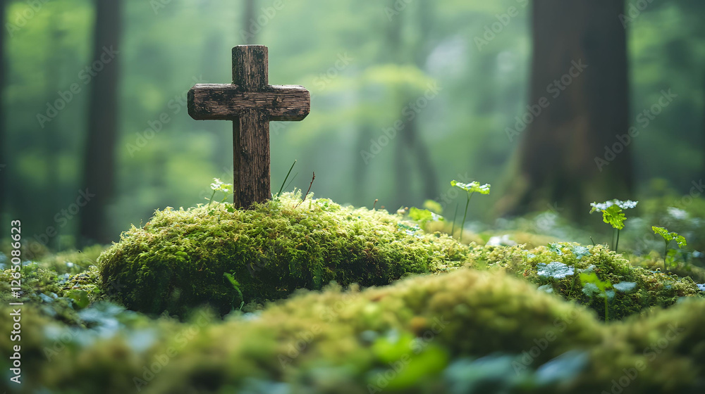 Wooden Cross in a Mystical Forest Wooden Cross in a Mystical Forest