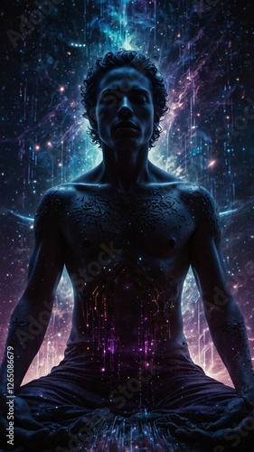 Wallpaper Mural The figure of person is surrounded by glowing lines, symbolizing the spiritual power. A mystical and cosmic scene with vibrant energy waves radiating from a meditating silhouette. Torontodigital.ca