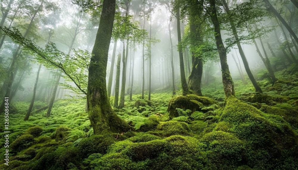 Fototapeta premium Mystical Forest Path: Sunlight pierces through a dense canopy of trees in a misty forest, illuminating a carpet of lush green moss and ferns, creating an enchanting and ethereal atmosphere. 