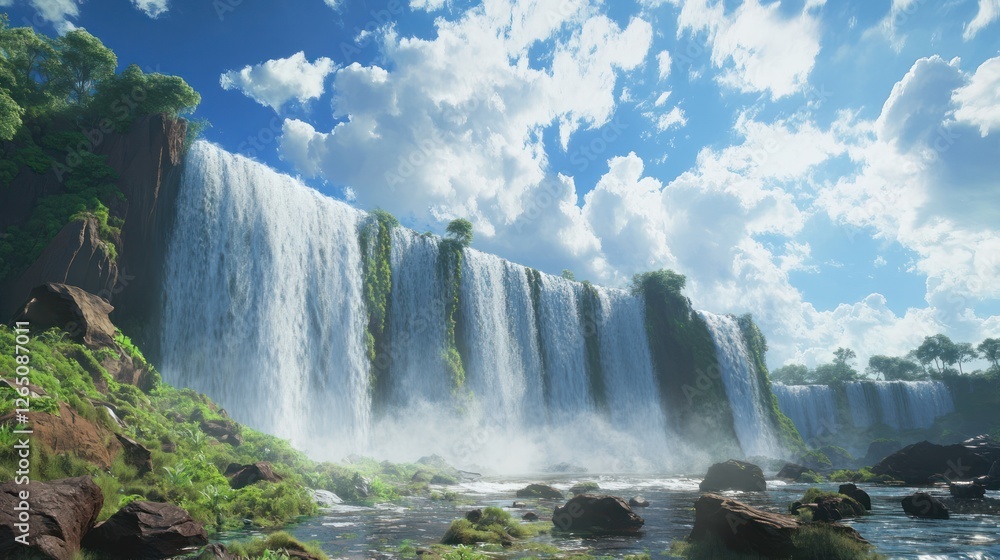 Fototapeta premium Majestic waterfall cascading down cliffs, lush jungle backdrop; travel, tourism