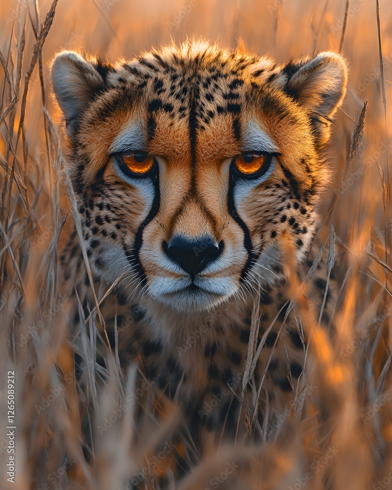 Obraz premium Intense Cheetah Stare in Golden Light Portrait of a Wild Cat in Natural Habitat