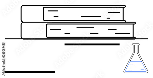 Two stacked books and a laboratory flask typify learning and scientific exploration. Ideal for education, research, science, discovery, knowledge, academic concepts, abstract line flat metaphor