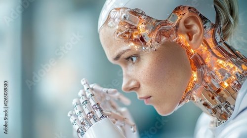 A humanoid robot with intricate features illuminated by glass and wires captures the essence of advanced AI, reflecting the potential and complexity of future technologies in design.