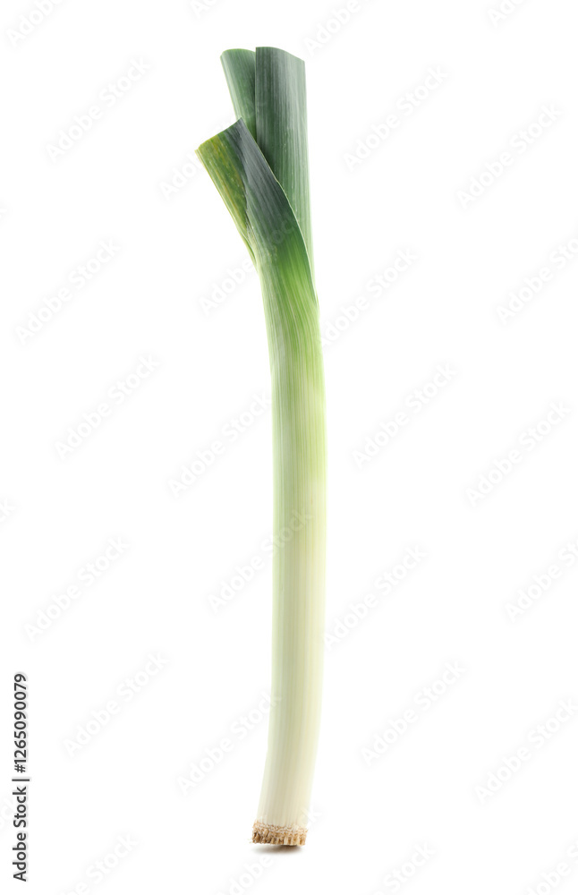 One fresh leek isolated on white. Spicy vegetable One fresh leek isolated on white. Spicy vegetable