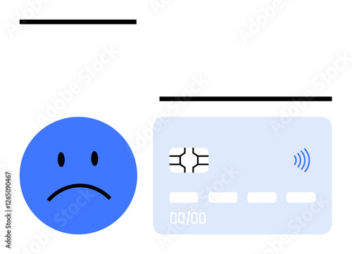 Blue sad face next to a chip-enabled credit card, emphasizing financial setbacks. Ideal for debt, budgeting, failed transactions, economic stress, online payment issues, banking, abstract line flat