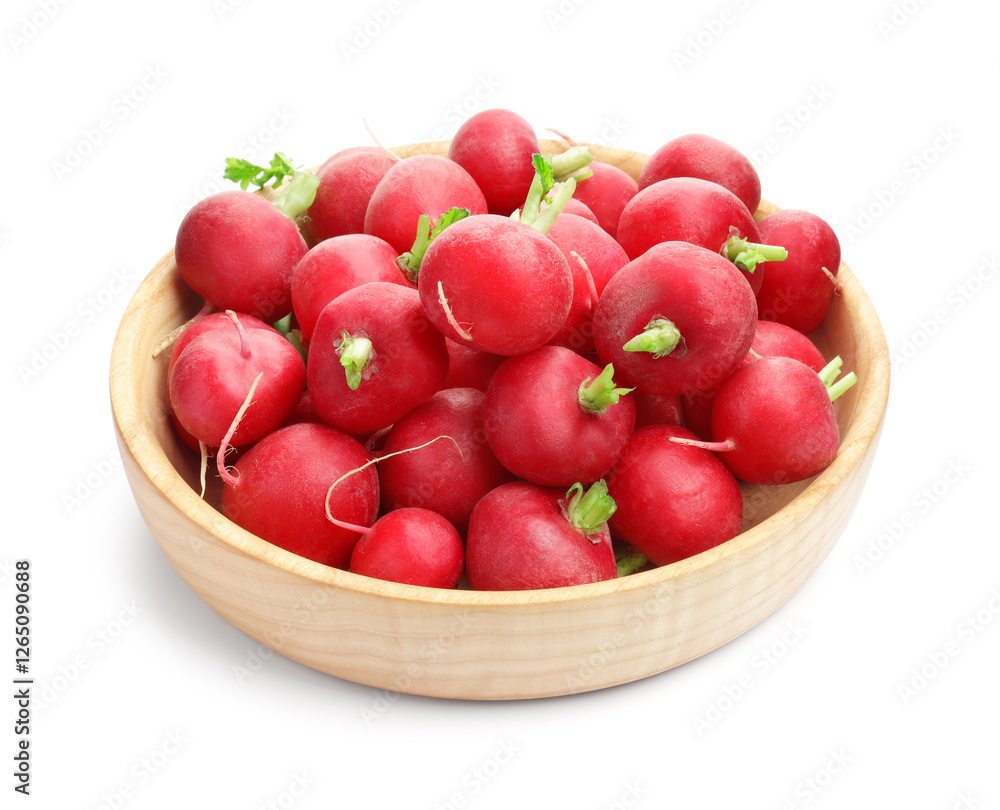 Fresh ripe radishes in bowl isolated on white Fresh ripe radishes in bowl isolated on white