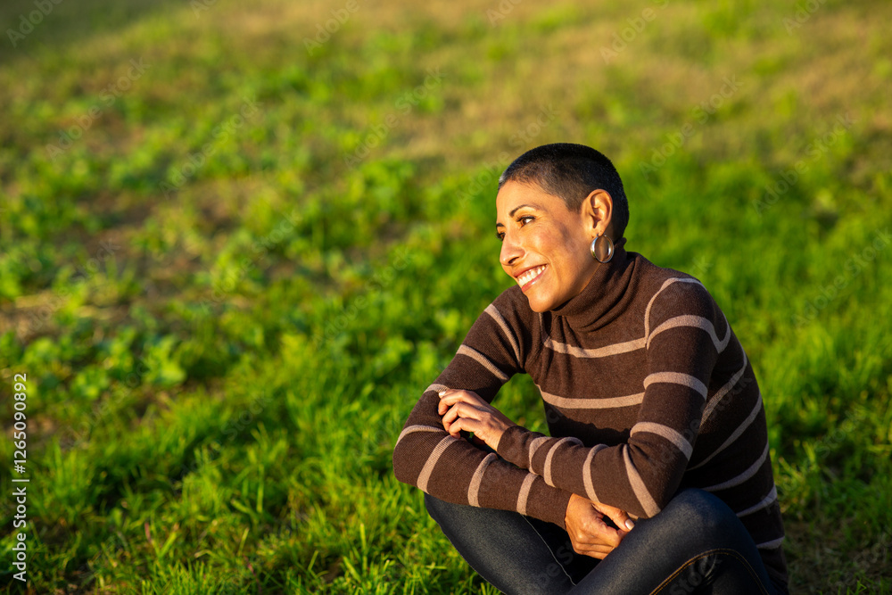 Middle aged woman sitting on grass smiling in a striped turtleneck sweater Middle aged woman sitting on grass smiling in a striped turtleneck sweater