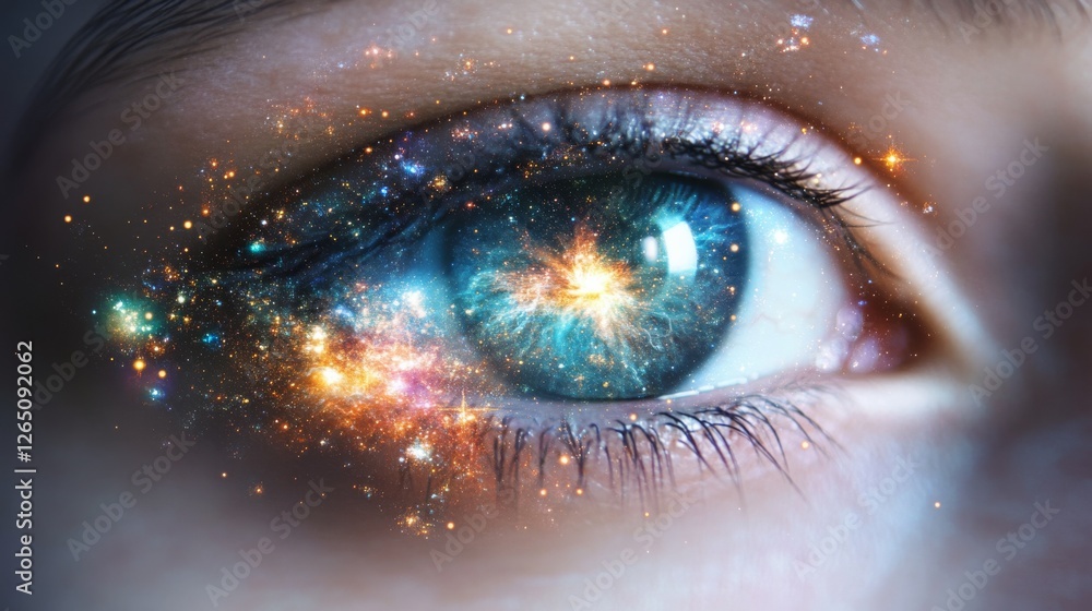 An eye filled with cosmic wonders reflects a vibrant nebula, creating a mesmerizing blend of humanity and the universe. An eye filled with cosmic wonders reflects a vibrant nebula, creating a mesmerizing blend of humanity and the universe.