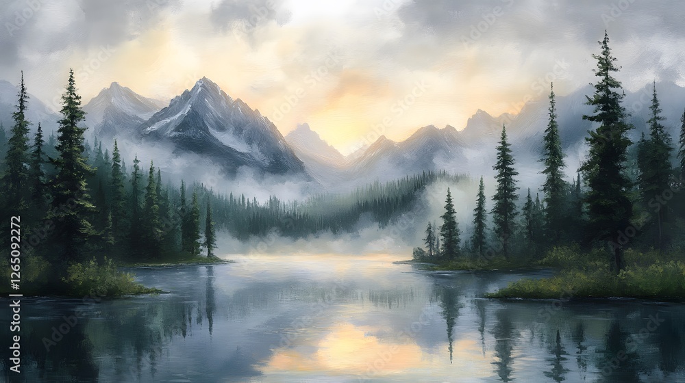 Fototapeta premium A serene painting of a misty forest at dawn with soft pastels and mood lighting, evoking calm and mystery. Ideal as wall art for coffee shops, spas, or meditation spaces, creating a peaceful ambiance.