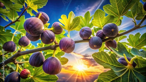 Sunset silhouettes: figs and trees framed against a spring or summer sky, bathed in golden sunlight. photo