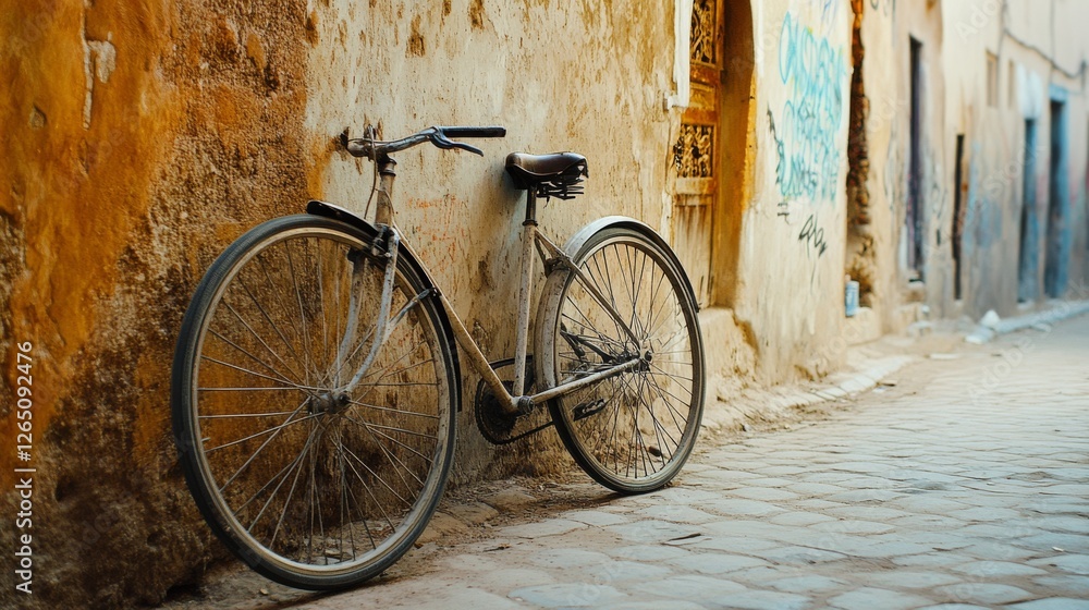 An old bicycle leans against a rustic wall on a cobbled street, capturing the essence of timeless urban simplicity and nostalgia. An old bicycle leans against a rustic wall on a cobbled street, capturing the essence of timeless urban simplicity and nostalgia.