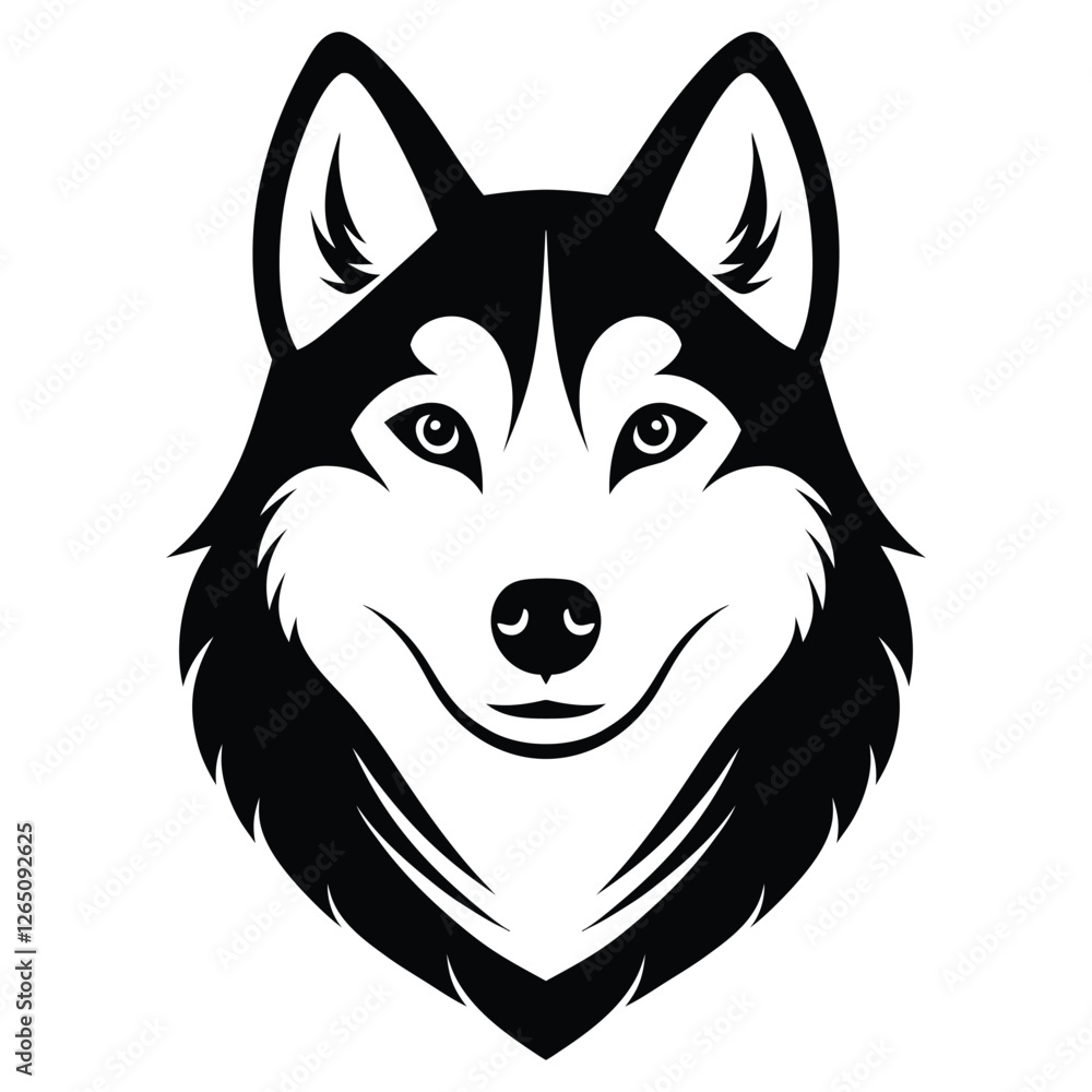 A clean black silhouette of a Siberian Husky dog head isolated on a white background. A clean black silhouette of a Siberian Husky dog head isolated on a white background.