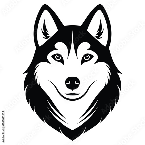 A clean black silhouette of a Siberian Husky dog head isolated on a white background.