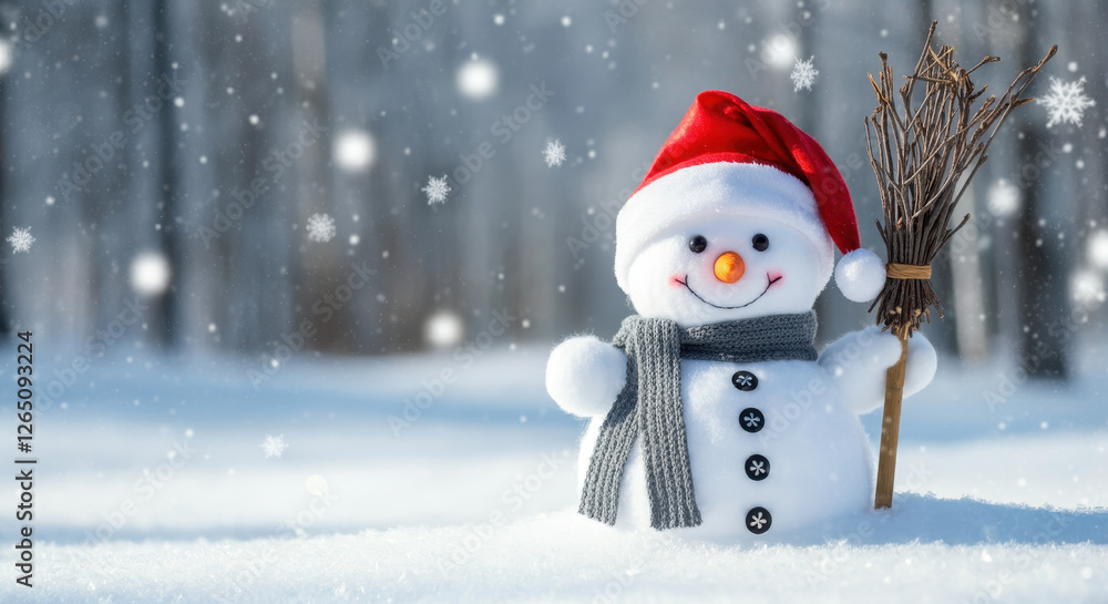 Fototapeta premium A cheerful snowman wearing a red Santa hat and a gray scarf holding a bundle of twigs as a broom standing in a snowy field