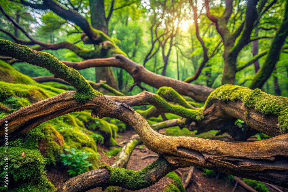Twisted wood, felled, rests in vibrant green, showcasing nature's raw beauty. Twisted wood, felled, rests in vibrant green, showcasing nature's raw beauty.