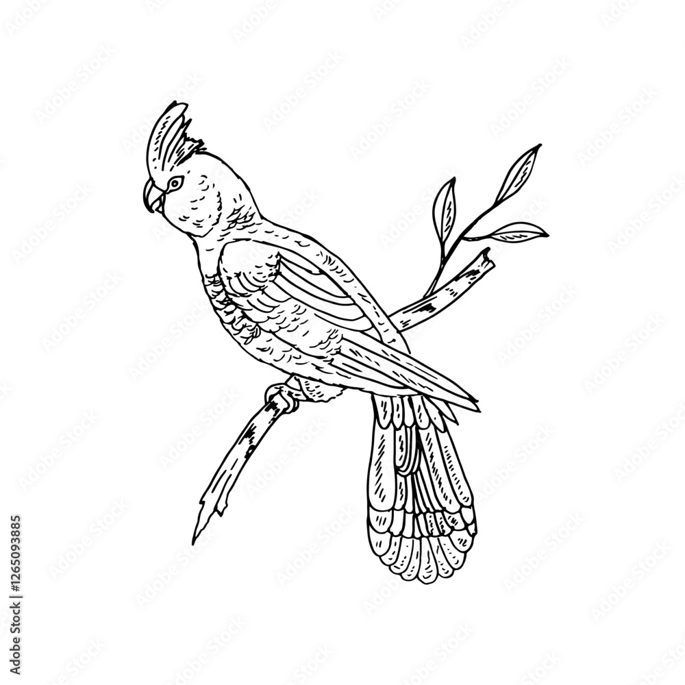Fototapeta premium Line drawing vector cartoon of a cockatoo perched on a leafy branch.