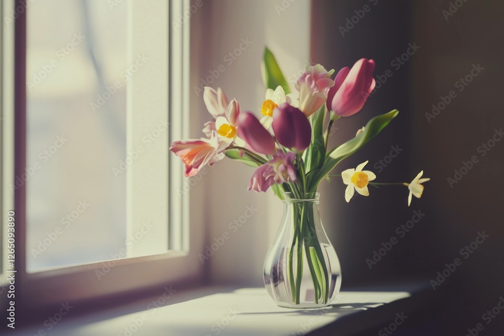 Fototapeta premium Delicate spring bouquet of pink and white tulips and daffodils in a glass vase by a sunlit window, symbolizing renewal and beauty