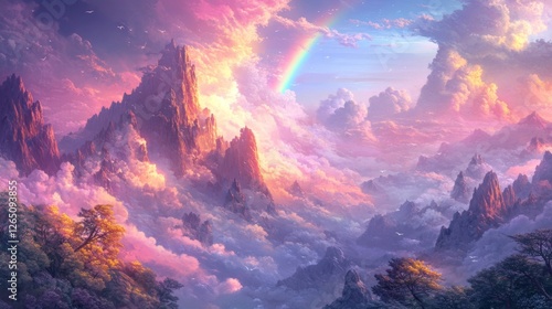 Wallpaper Mural Majestic Mountainscape with Rainbow and Cloudscape at Sunset Torontodigital.ca